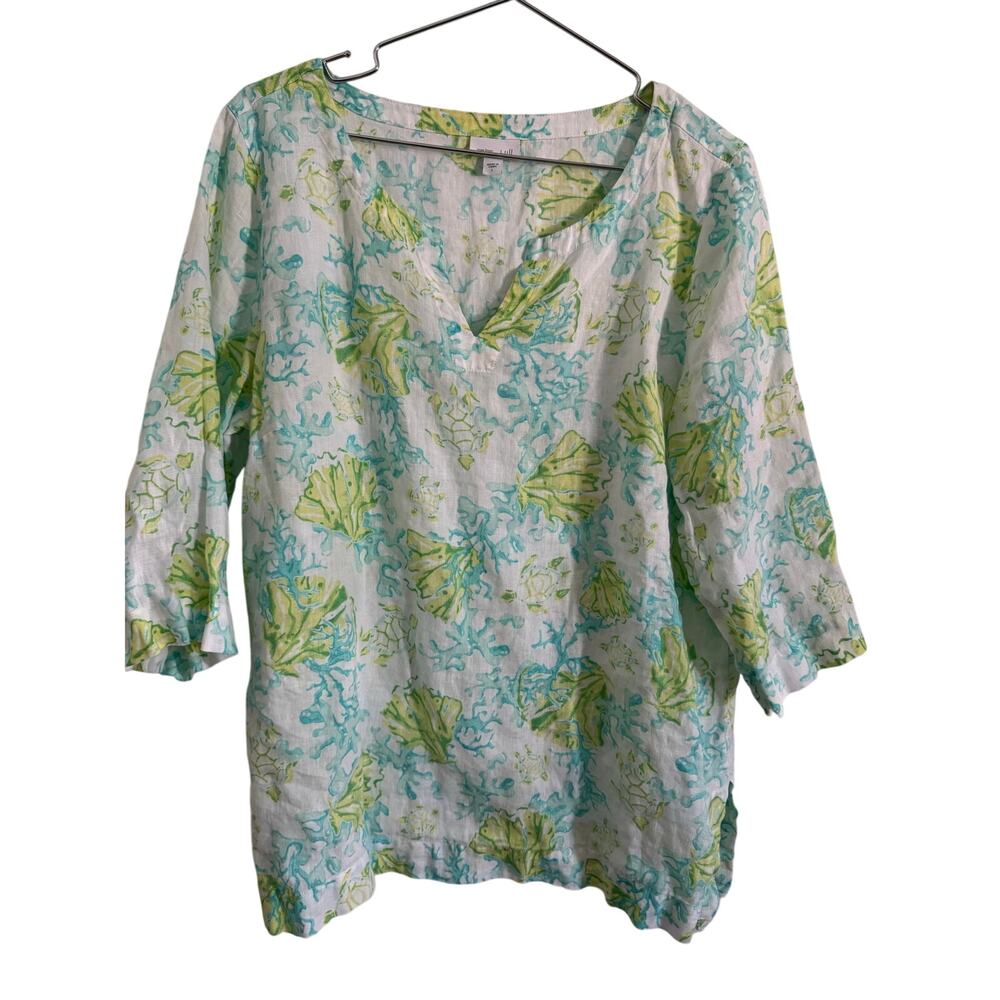 J. Jill Love Linen Tropical Sea Turtle V Neck Tunic Top Size L White